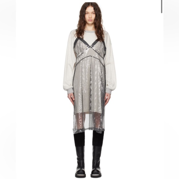VAQUERA Oversized Gray Slip Dress Long Sleeve T-Shirt with sequin apron front XS - Picture 3 of 17